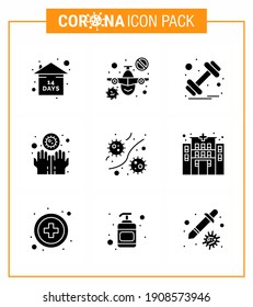 Coronavirus Prevention Set Icons. 9 Solid Glyph Black icon such as  germs; infect; dumbbell; hands; dirty viral coronavirus 2019-nov disease Vector Design Elements