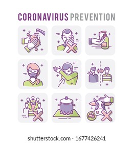 Coronavirus Prevention Set Icons Thin Style Pictogram Minimalist Colored