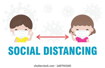 coronavirus prevention, Social Distancing, boy and girl keeping distance for infection risk and disease, wearing surgical protective Medical mask for prevent virus Covid-19. Health care concept.