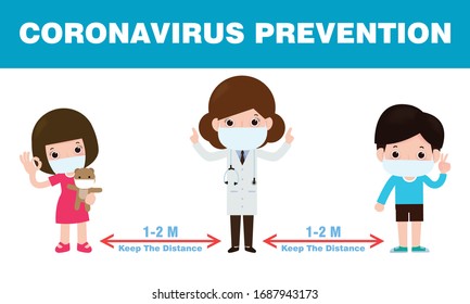 coronavirus prevention, Social Distancing, doctor and kids keeping distance for infection risk and disease, wearing surgical protective Medical mask for prevent virus Covid-19. Health care concept. 