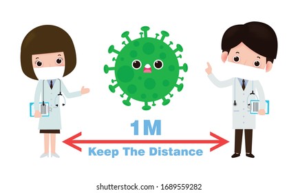 coronavirus prevention, Social Distancing, doctor keeping distance for infection risk and disease, wearing surgical protective Medical mask for prevent virus Covid-19. Health care concept. vector.