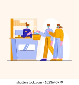 Coronavirus prevention and social distancing. Illustration of people wear mask shopping in super market.