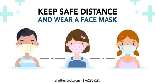 Coronavirus prevention with social distancing and wear a face mask. Children wearing fabric masks and keep safe distance at school to protect from Covid19 pandemic. vector illustration