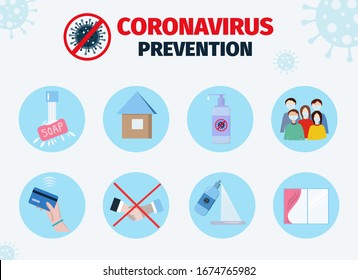 Coronavirus prevention. Stay home.  Global epidemic of COVID-19. Set of icons. Protecting from virus. Vector illustration for poster, banner. 