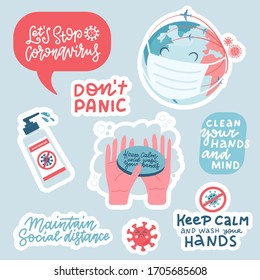 Coronavirus prevention sticker set. Hand drawn pack with lettering How to protect yourself - hand washing, avoid , sanitizer, don t panic. Cartoon badges with lettering quotes about COVID-19