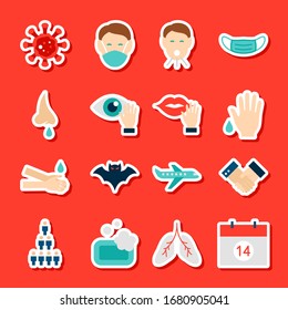Coronavirus Prevention Stickers. Vector Illustration Flat Style. Collection of Medical Symbols.