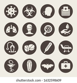 Coronavirus prevention, symptoms and treatment vector icon set