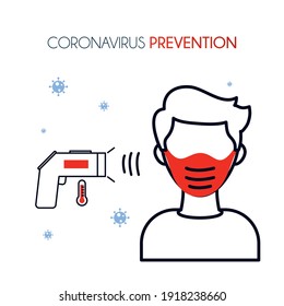 coronavirus prevention thermometer and man with mask design of covid 19 virus 2019 ncov cov theme Vector illustration