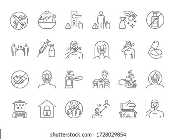 Coronavirus Prevention thin line vector icons. Isolated on a white background. Contains such Icons as Washing Hands, Outbreak Map, Man and Woman Wearing Face Mask and more. Editable Stroke.