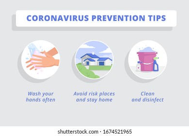 Coronavirus prevention tips. Three round icons illustrated in a flat style. Wash your hand, avoid risk places and stay home, clean and disinfect everything. Infographic.