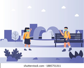 Coronavirus prevention vector concept. Two students wearing face mask and waving hands to each other at park