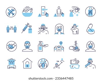 Coronavirus Prevention vector icons. Isolated on white background. Contains such Icons as Washing Hands, Outbreak Map, Man and Woman Wearing Face Mask, avoid travel, wash fruits, vaccine, clean