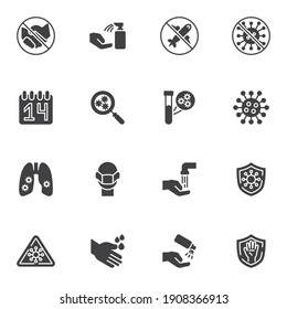 Coronavirus prevention vector icons set, modern solid symbol collection, filled style pictogram pack. Signs, logo illustration. Set includes icons as antiseptic spray, corona virus, covid-19 test