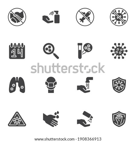 Coronavirus prevention vector icons set, modern solid symbol collection, filled style pictogram pack. Signs, logo illustration. Set includes icons as antiseptic spray, corona virus, covid-19 test