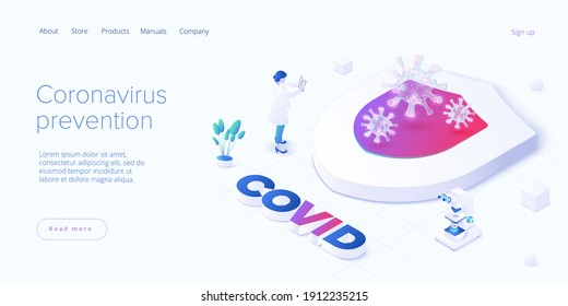 Coronavirus prevention or virus vaccination in isometric vector design. Shield as protective metaphor of covid antidote or antivirus vaccine. Pandemic background.