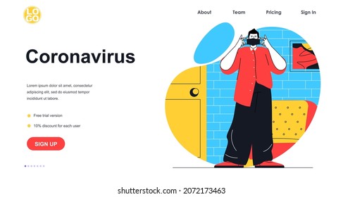 Coronavirus prevention web banner concept. Man puts on medical mask in front of door. Precautions of virus spreading, landing page template. Vector illustration with people scene in flat design
