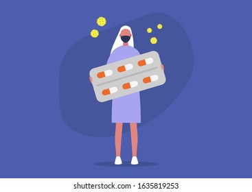 Coronavirus prevention, young female character wearing a protection mask and holding a blister of pills in their hands