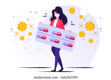 Coronavirus prevention, young female character wearing a protection mask and holding a blister of pills in their hands