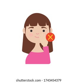 coronavirus preventions concept, Dont touch your face to prevent infection, cartoon woman touching her face over white background, flat style, vector illustration