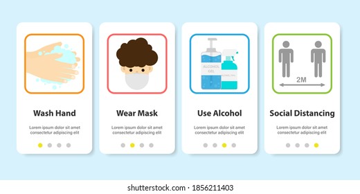 Coronavirus Preventions. Covid 19. Coronavirus infographic. Health care and medical concept. Social distancing. 4 Step. Website template. 