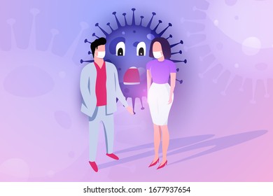 Coronavirus preventions illustration with two people protected himself from covid 19 by masks