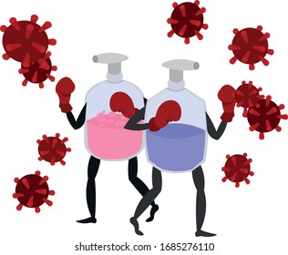 Coronavirus. Preventive measures. Soap and antiseptic in boxing gloves fight with the virus. The fight for health.
