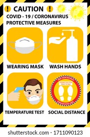 Coronavirus preventive signs. Basic protective measures. Coronavirus advice for customer before entry shop to  Wearing mask, Use alcohol gel, Temperature test, Social distance. A3 size .