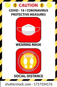 Coronavirus preventive signs. Basic protective measures against the coronavirus. Coronavirus advice for customer before entry shop to  Wearing mask, Use alcohol gel, Temperature test, Social distance.