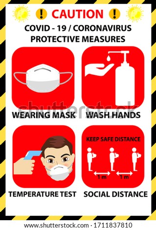 Coronavirus preventive signs. Protective measures poster for Customer or Employee to do before entry. Important information to stay healthy from Covid-19. A3 size vector illustration.