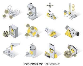 Coronavirus Schutz 3d isometrische Symbole gesetzt. Packungselemente der medizinischen Maske, Virus auf Mikroskop, Arzneimittel, Krankenhaus, Hände mit Seife waschen, Pandemie. Vektorgrafik im modernen Isoometrie-Design