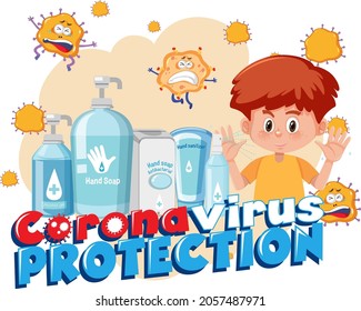 Coronavirus Protection banner with cartoon character and sanitizer products illustration