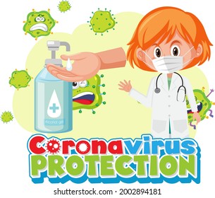 Coronavirus Protection banner with doctor cartoon character wearing medical mask illustration