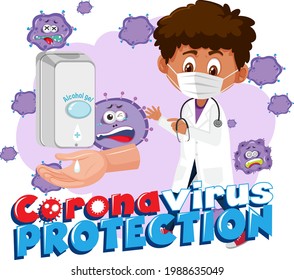 Coronavirus Protection banner with a doctor man cartoon character  illustration