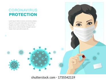 Coronavirus protection banner. Doctor with surgical mask on the face holds the virus body. Copy space illustration.