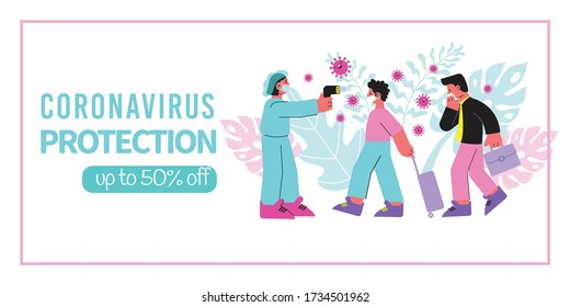 Coronavirus protection banner flat composition with editable text discount and walking people with masks virus images vector illustration