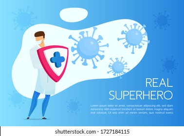 Coronavirus protection banner flat vector template. Brochure, poster concept design with cartoon character. Medic fighting against Covid infection horizontal flyer, leaflet with place for text