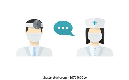 Coronavirus protection barrier.Medical people in mask,worker icons set male Doctor and female Nurse avatars in uniform ,in flat style with a color speech bubbles conceptual health care