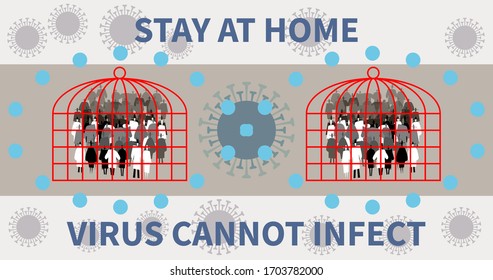 Coronavirus protection. Coronavirus blocking concept on viral cells background. Stay at home and keep social distance. Recovery from COVID-19 virus pandemic. Viral cells cannot infect protected people