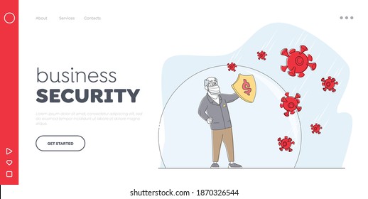 Coronavirus Protection or Business Risk Prevention from Novel Virus Outbreak Landing Page Template. Businessman Character Hold Shield Protect from Covid19 Virus Pathogens. Linear Vector Illustration