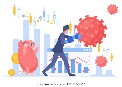 Coronavirus protection for business vector illustration. Cartoon flat tiny businessman fights corona virus, attacks red covid-19, protects piggy bank from money loss. Financial pandemic crisis concept