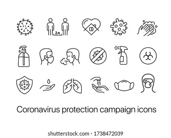 Coronavirus protection campaign icons set isolated on white background