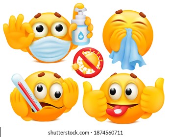 Coronavirus protection card. Set of four emoji cartoon characters in various emotions. Vector collection