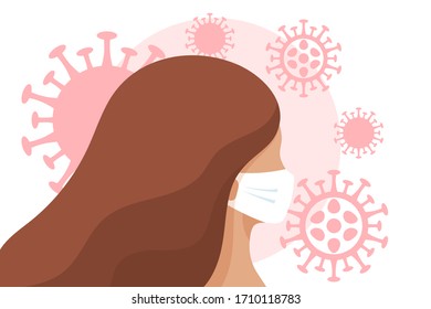 Coronavirus protection concept. Girl wearing protective medical mask on face for prevent virus. Flat Healthcare and medicine vector illustration
