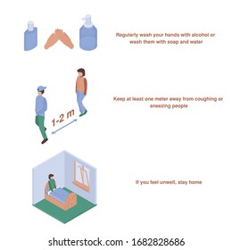  Concepto de protección del coronavirus. Cómo no difundir el virus. Estilo isométrico. Qué hacer con una epidemia. Ilustración vectorial.
