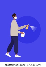 Coronavirus protection concept illustration. Young man sanitizing surface during COVID 19 outbreak.