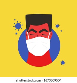 Coronavirus protection concept. Man in white medical face mask icon. Patient in prevention mask. 2019-nCoV quarantine. Pandemic of coronavirus. Vector flat illustration.