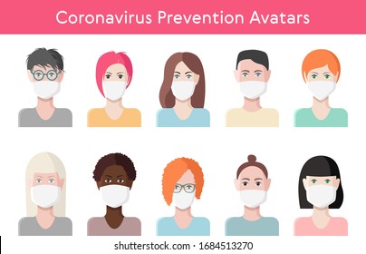 Coronavirus protection concept, vector illustration of human faces with medical masks