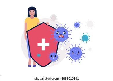 Coronavirus protection concept. Young woman with shield against coronavirus bacteria. Vector illustration in a flat style