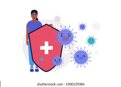 Coronavirus protection concept. Young woman with shield against coronavirus bacteria. Vector illustration in a flat style