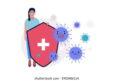 Coronavirus protection concept. Young woman with shield against coronavirus bacteria. Vector illustration in a flat style